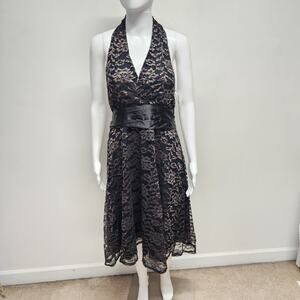 Vintage Roulette Halter Lace Midi Dress Sz 14 Black Satin Tie Goth Prom Wedding